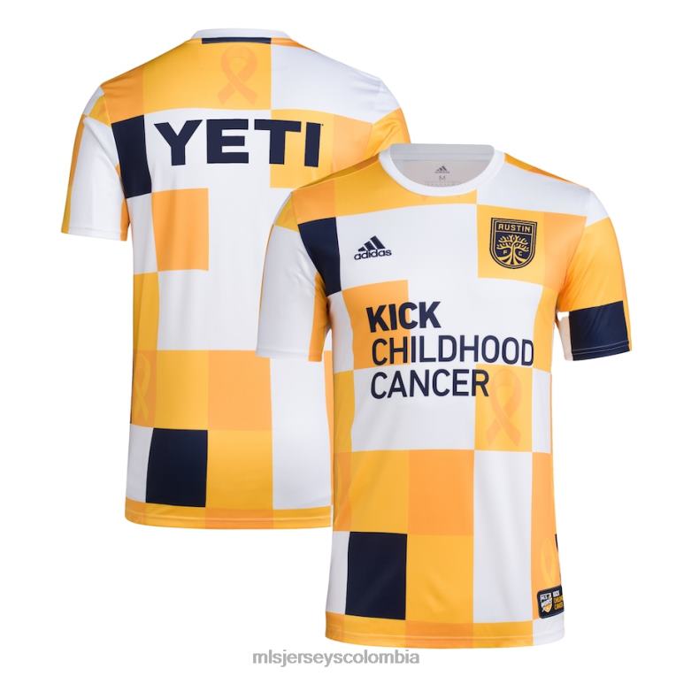 austin fc adidas blanco/dorado 2022 works kick child cancer aeroready camiseta pre-partido hombres MLS Jerseys jersey TJ666417